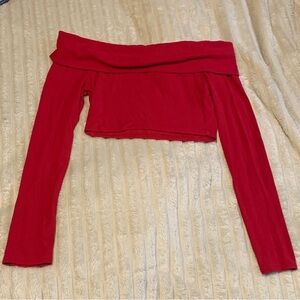 Garage Red Off-Shoulder Long Sleeve Crop Top